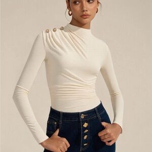 Commense Elegant Cream Long-Sleeve Mock Neck Top with Shoulder Buttons